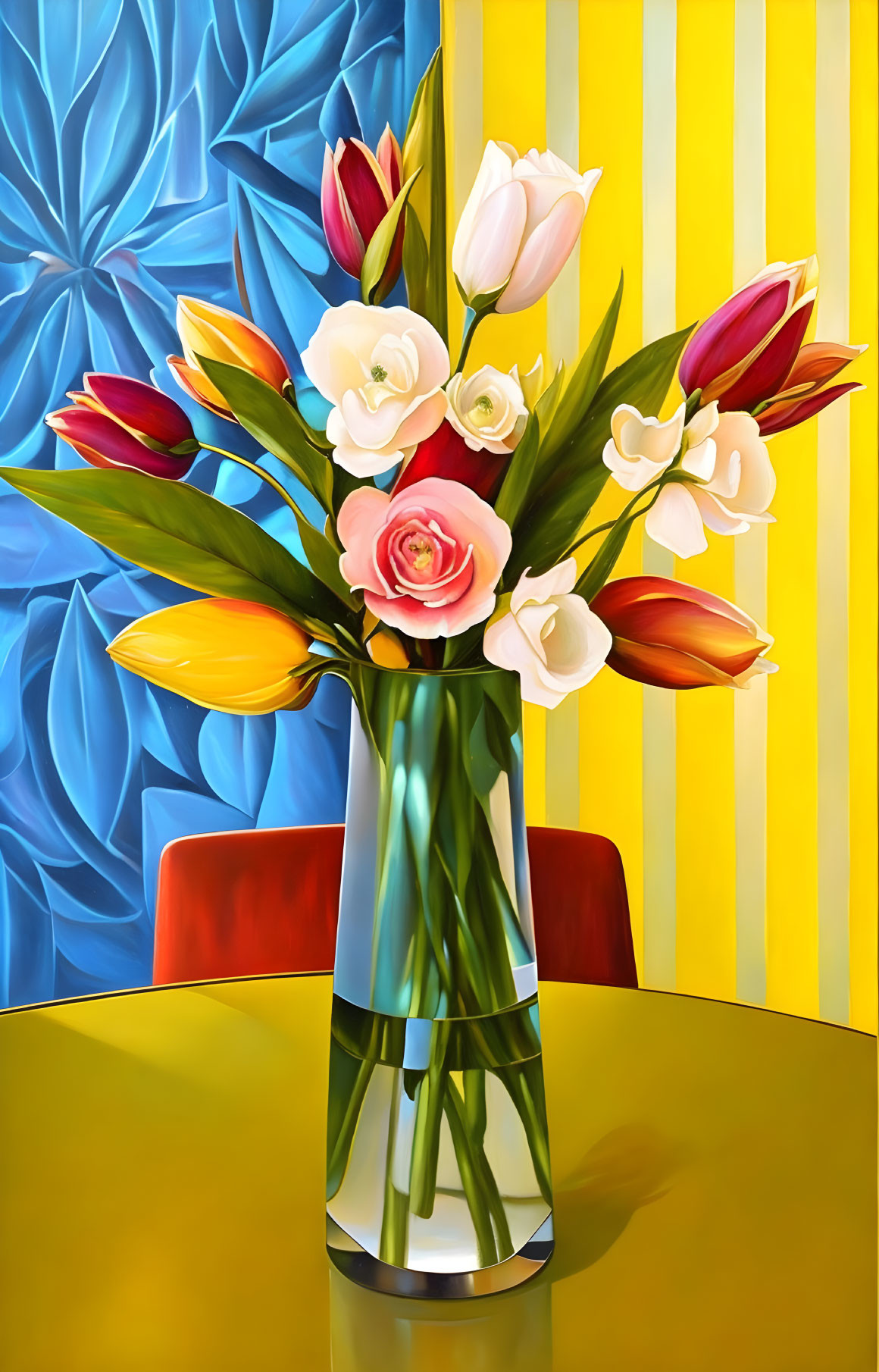 Colorful Flower Bouquet in Clear Vase on Striped Wallpaper