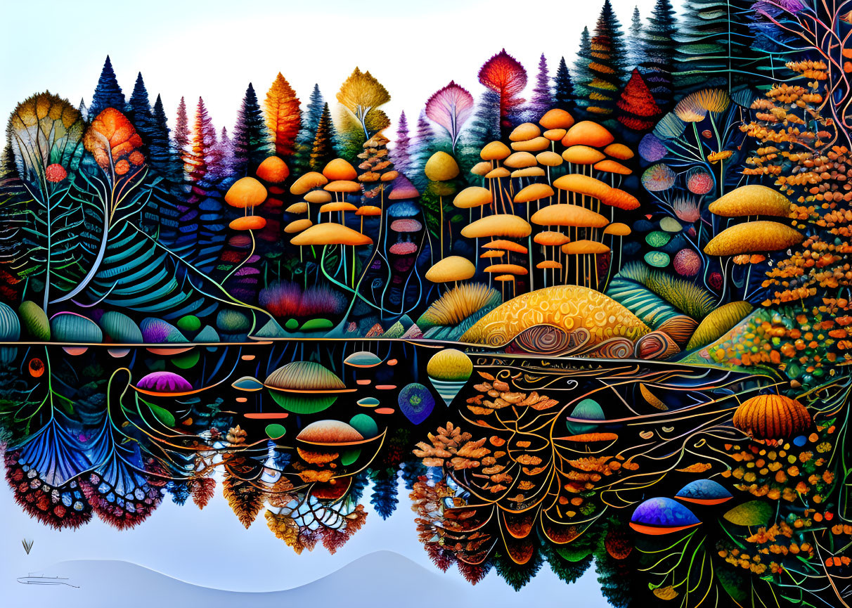 Symmetrical, vibrant landscape with colorful trees, mushrooms, and plants mirrored in water