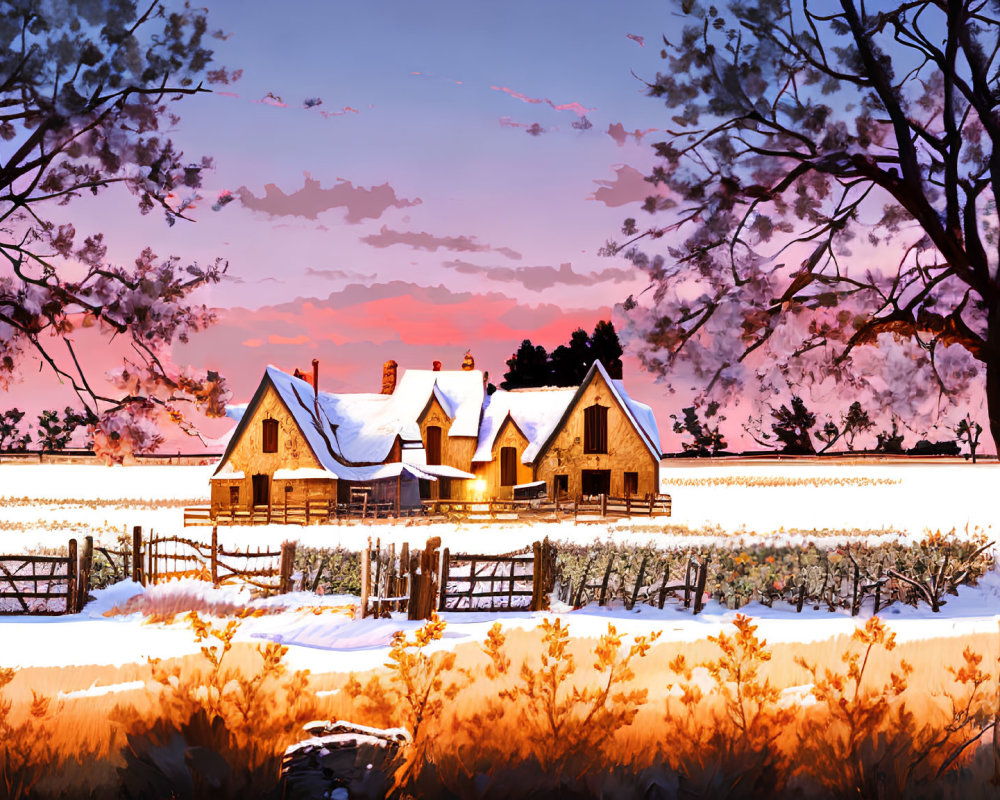 Snowy Dusk Scene: Cozy Cottage, Warm Glowing Lights, Bare Trees