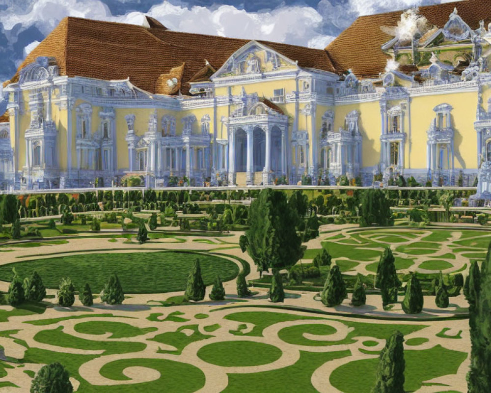 Yellow and White Baroque Palace with Formal Garden and Geometric Hedges