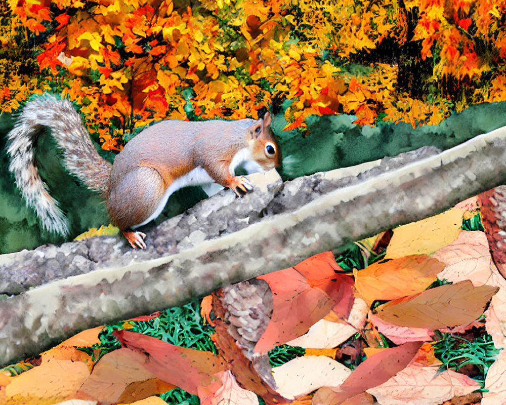 Squirrel on branch in vibrant autumn foliage