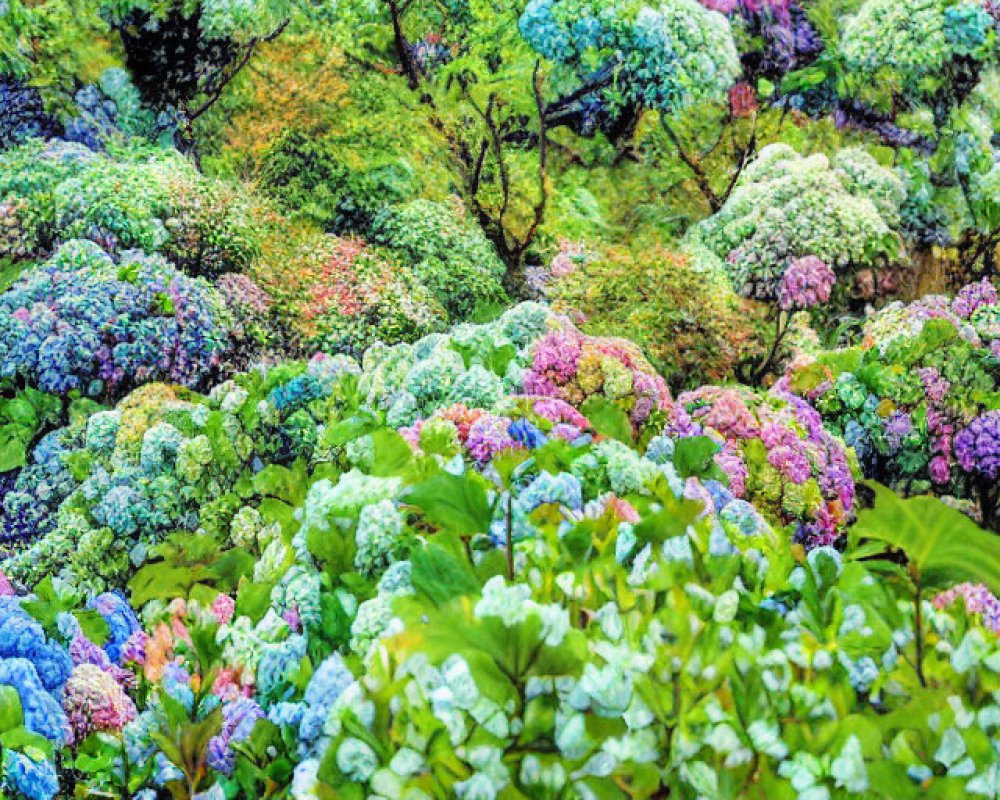 Colorful Hydrangea Bushes in Blue, Purple, and Green Garden