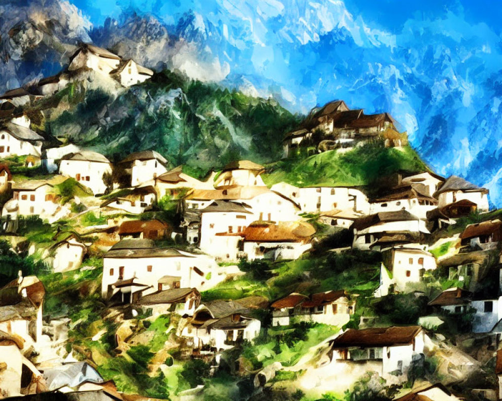 Scenic village with white houses and brown roofs on green mountain slope