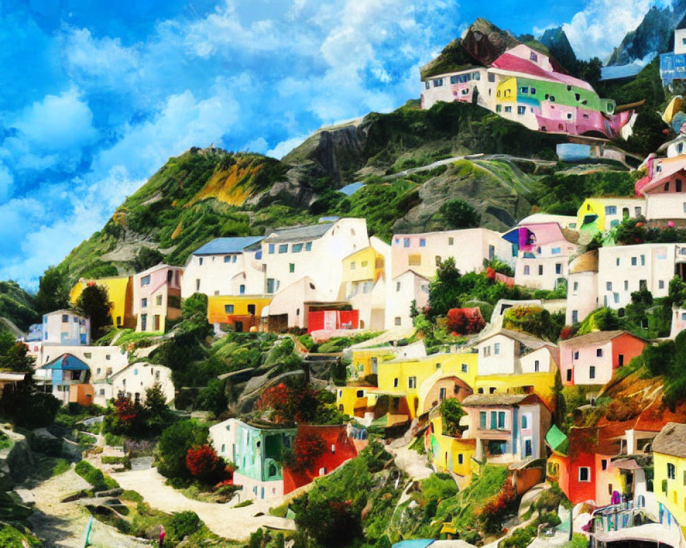 Colorful Hillside Village with Greenery and Blue Sky