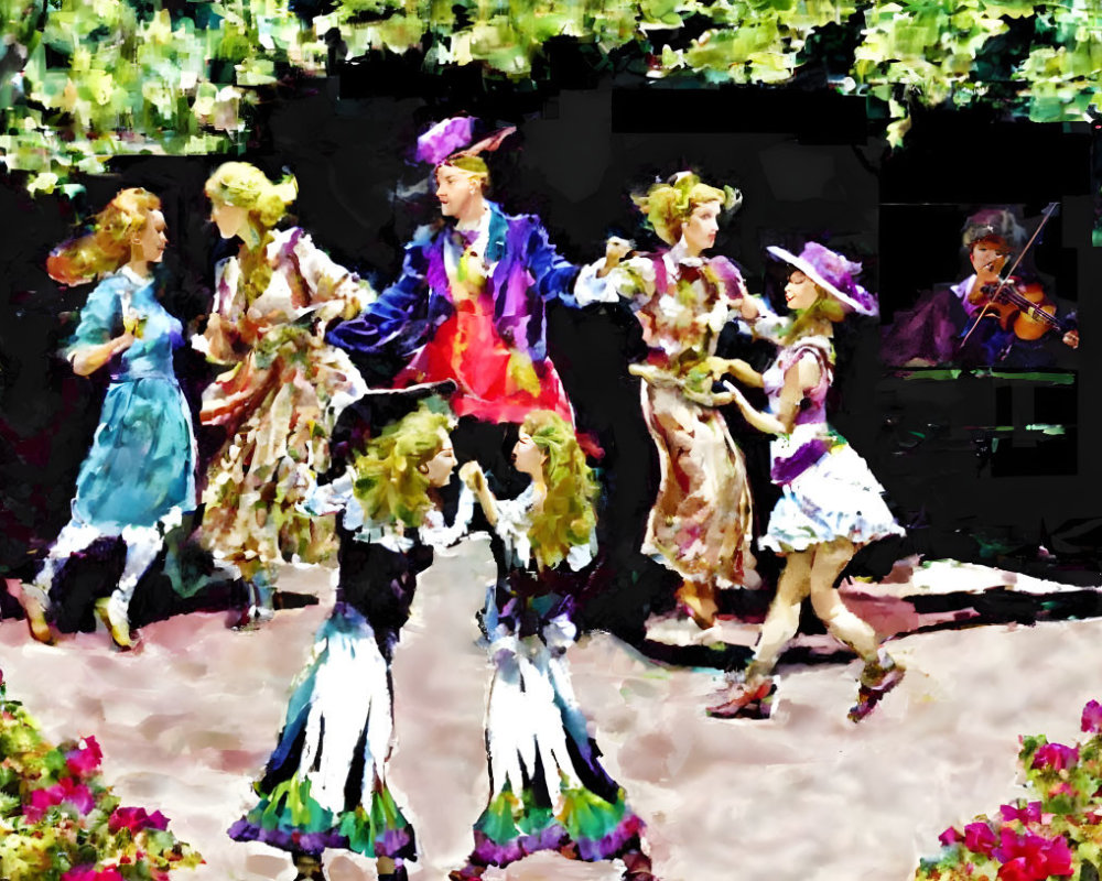 Colorful Impressionistic Painting of Dancing Individuals in Garden