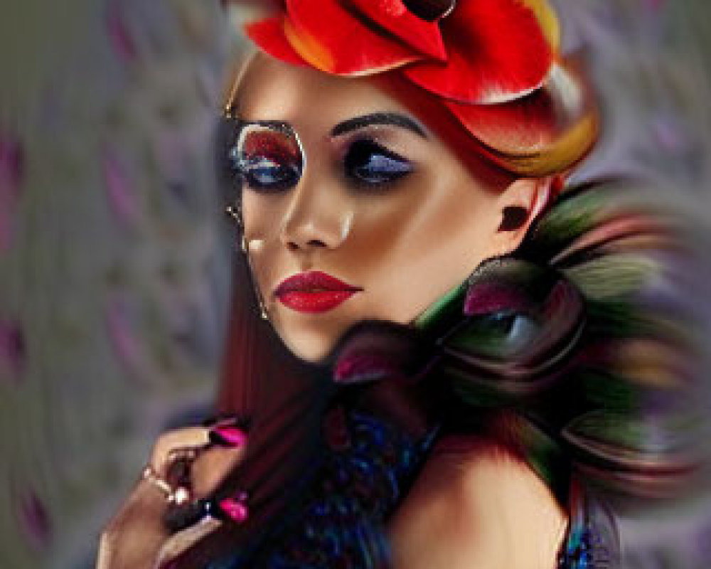 Colorful feather accessory woman portrait with dramatic makeup