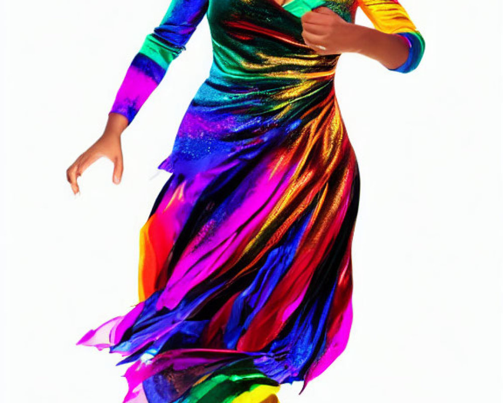 Colorful Woman Dancing in Rainbow Dress and Green Heels