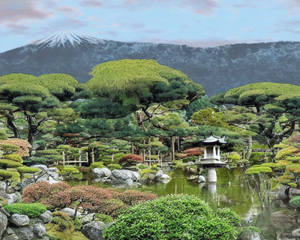 Japanese Garden with Bonsai Trees, Pond, Lanterns & Mount Fuji