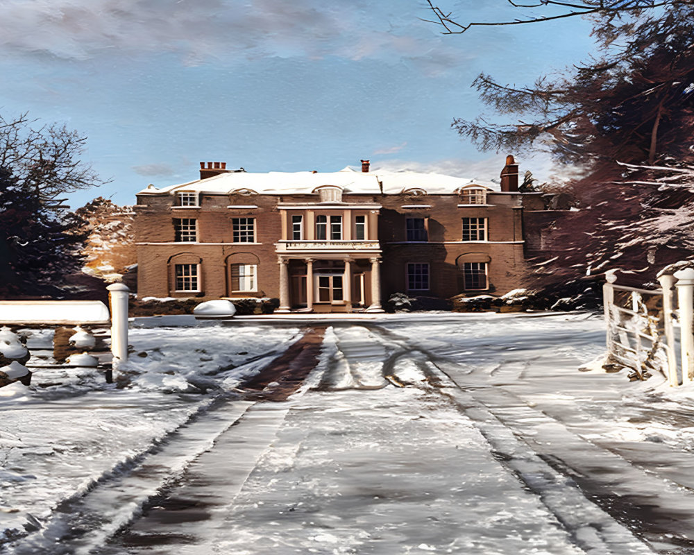 Snow-covered driveway and garden in elegant two-story house setting