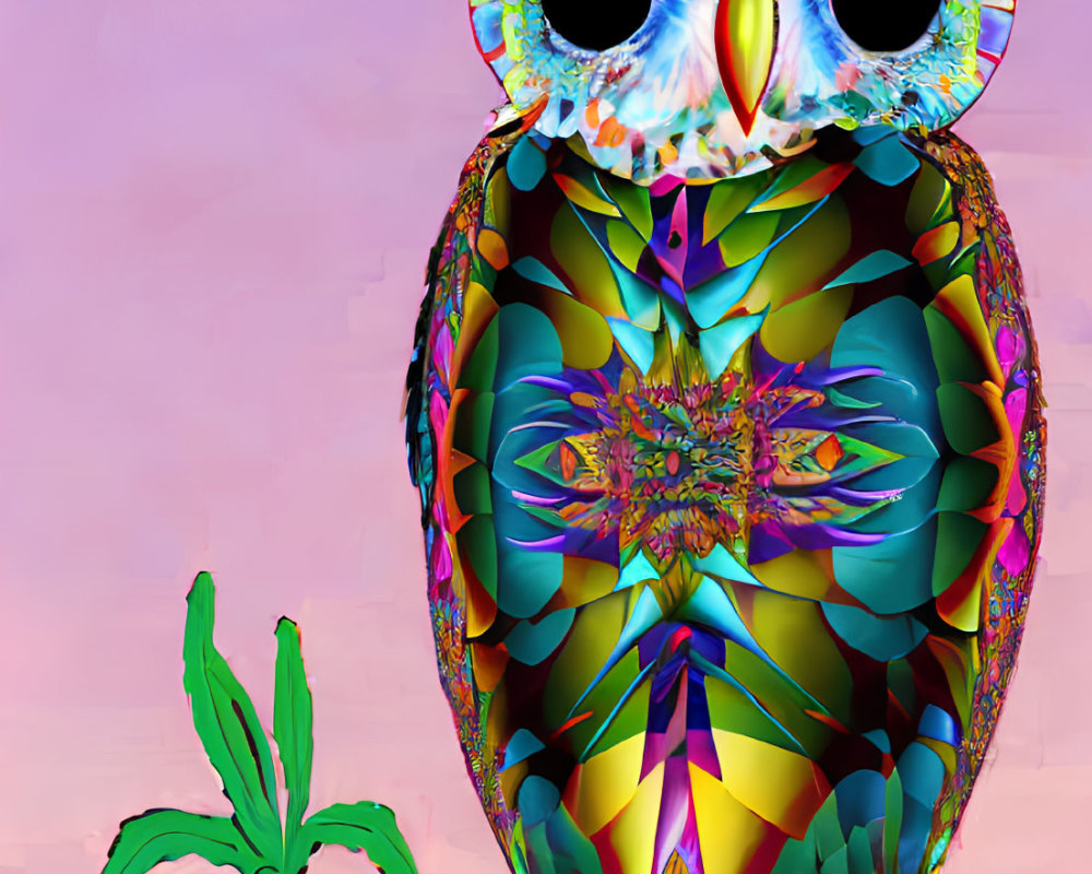 Colorful digital art: Stylized owl with intricate patterns on branch