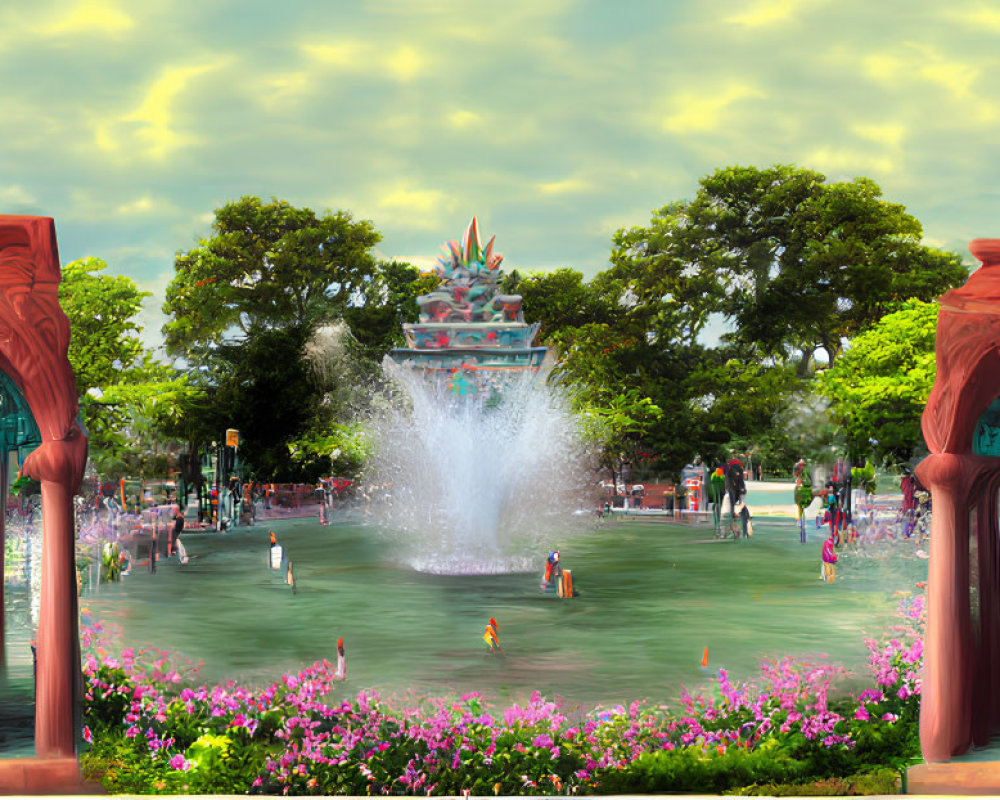 Tranquil Park Scene with Fountain and Greenery