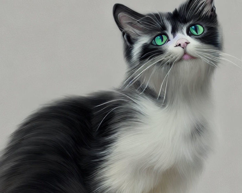 Black and White Cat with Green Eyes and Whiskers on Neutral Background