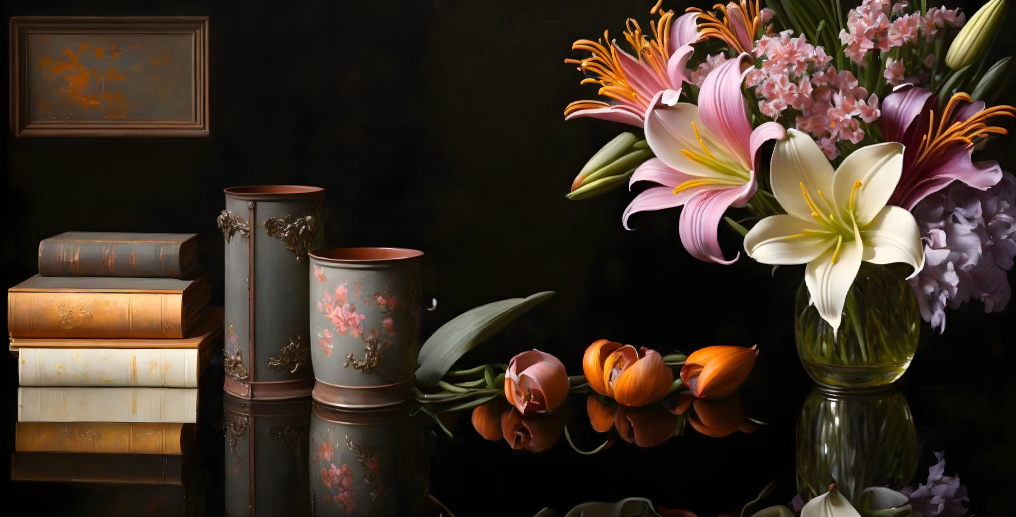 Still life composition with books, ornate cylinders, vase, lilies, and tulips on dark