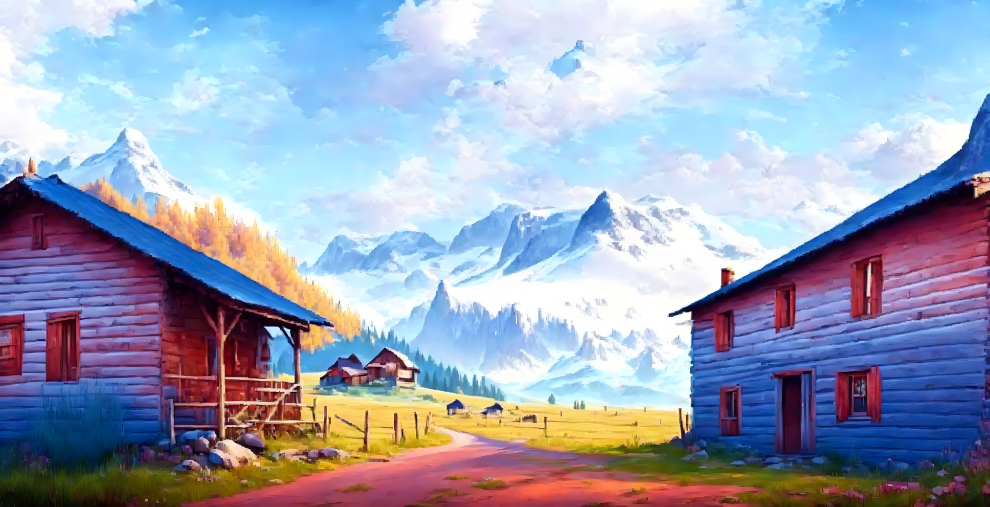 Scenic painting of rural mountain cabins and snowy peaks