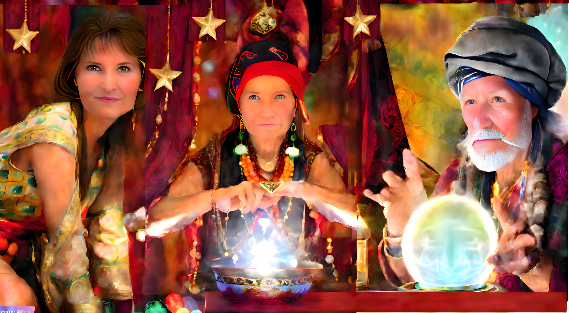 Colorful Fortune-Tellers with Mystical Objects Behind Curtains