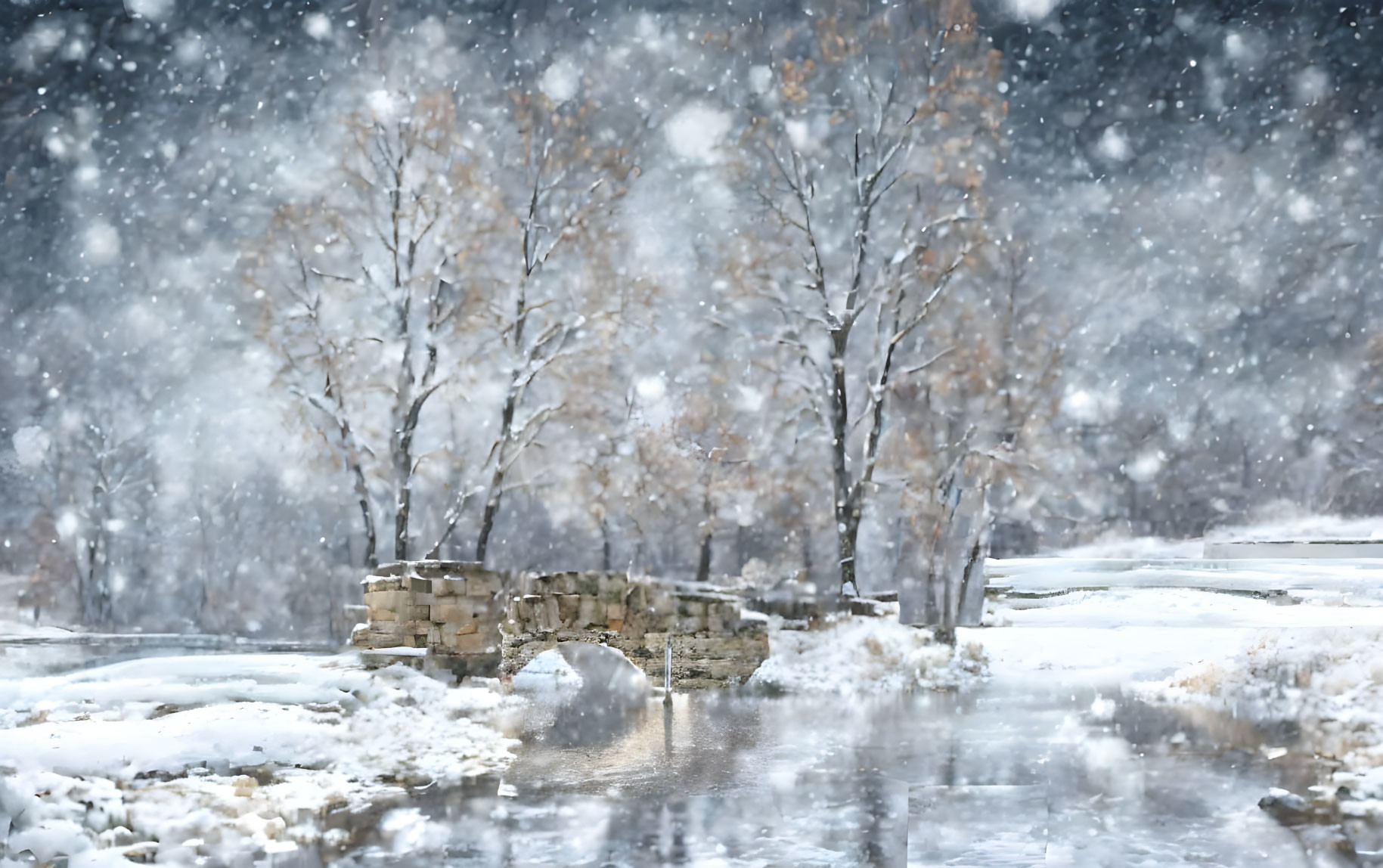 Winter stone bridge over stream in serene snowfall