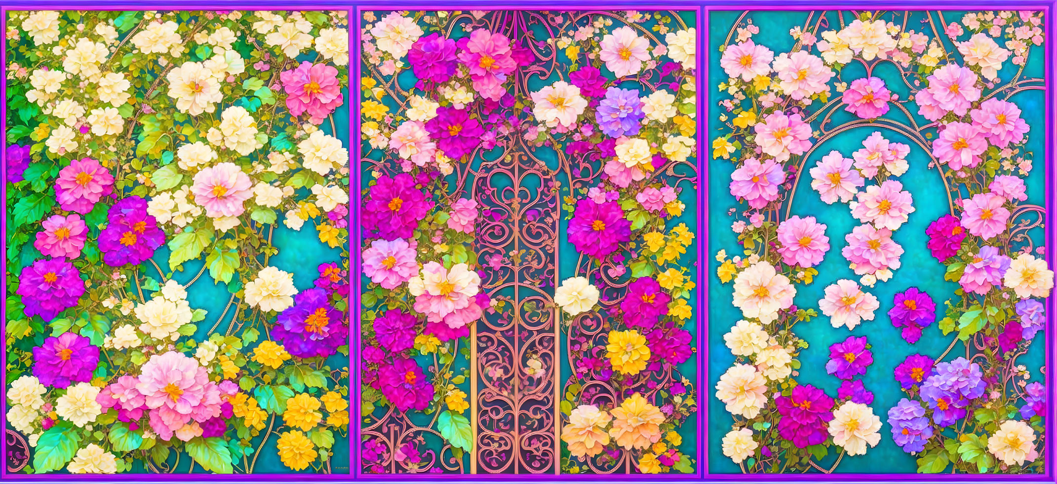 Colorful triptych featuring pink gates and roses on turquoise background