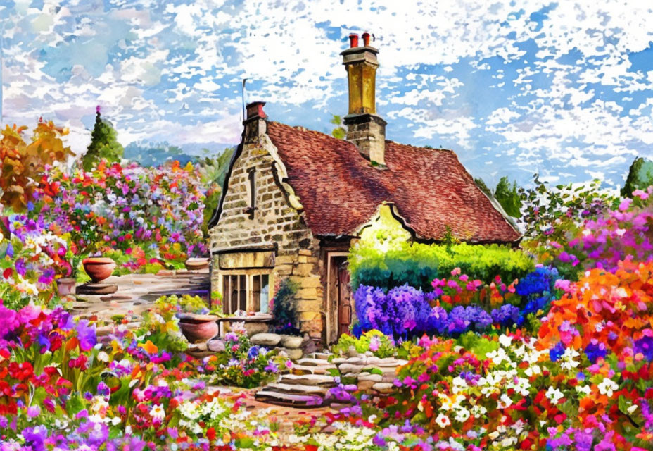 Stone cottage with chimney in vibrant garden under sunny sky