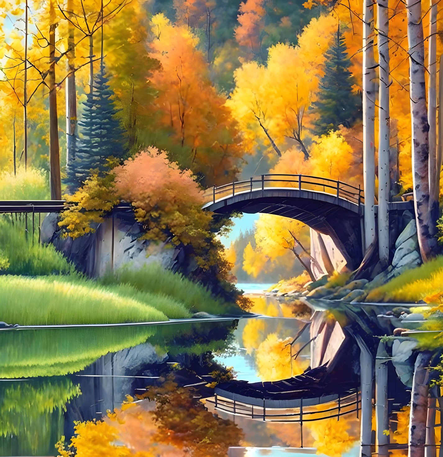 Tranquil autumn scene with reflective river, curved bridge, golden trees