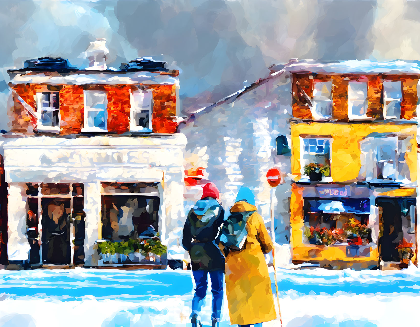 Colorful buildings and snowy day scene in vibrant painting style