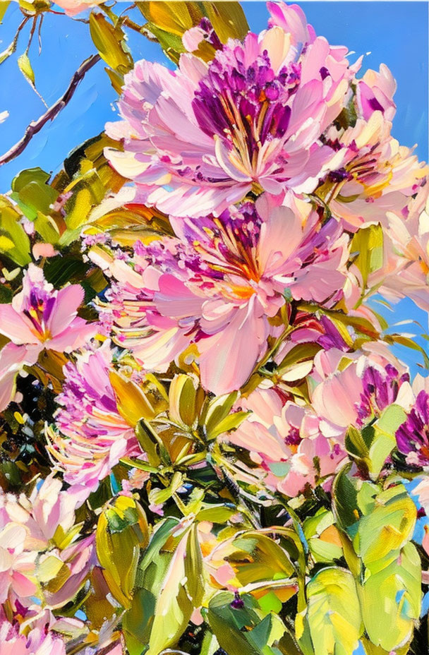 Vibrant painting of pink flowers and green foliage under blue sky