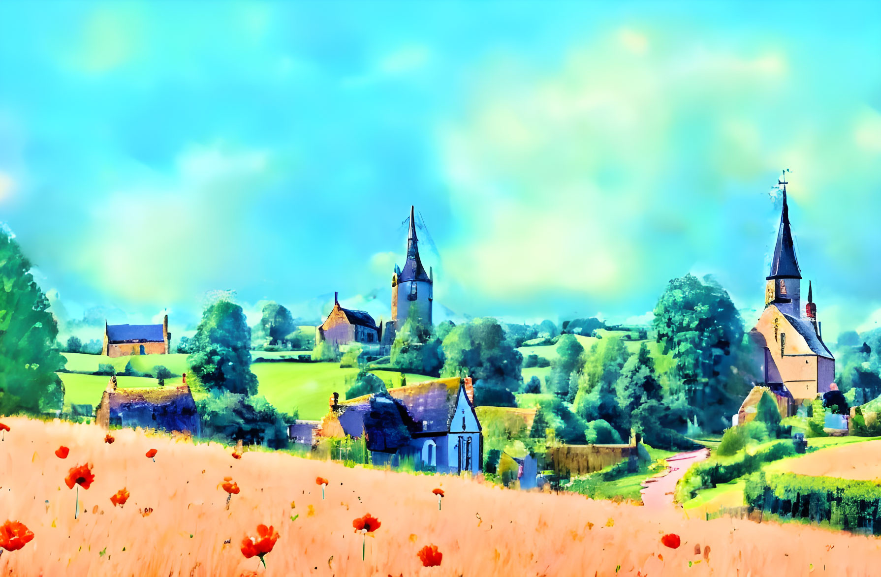 Colorful Watercolor Painting of Rural Landscape with Windmill, Church, and Red Poppies