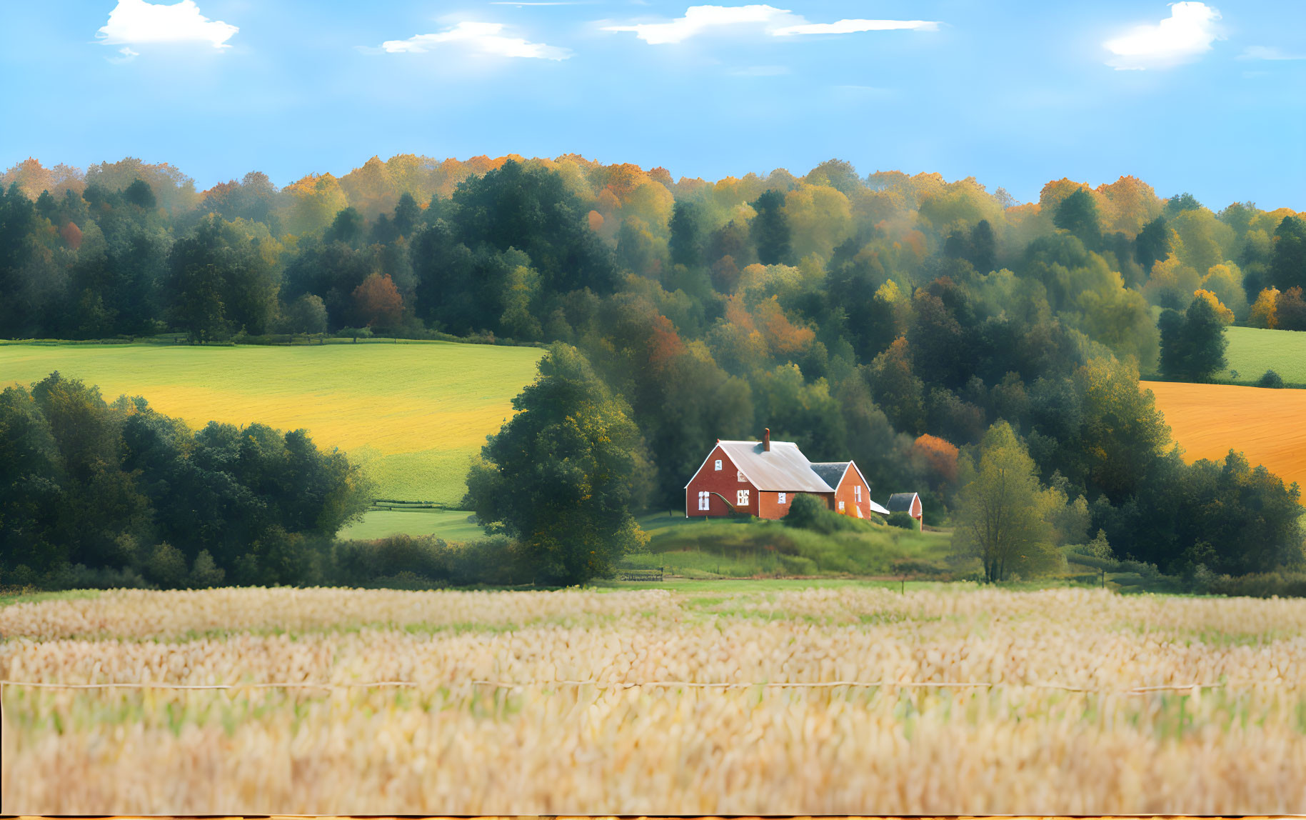 Tranquil countryside landscape with red-roofed house, golden fields, autumn trees.