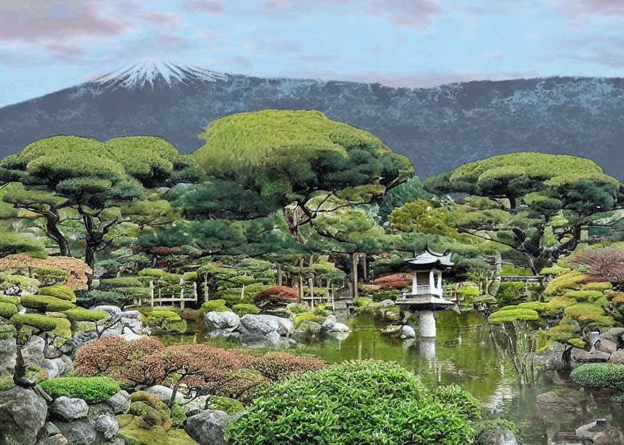 Japanese Garden with Bonsai Trees, Pond, Lanterns & Mount Fuji