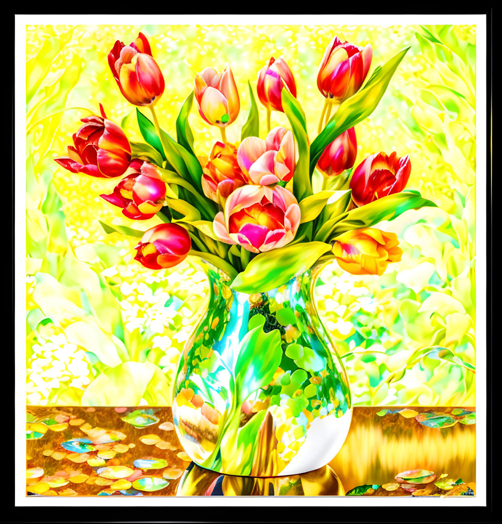 Colorful Red and Pink Tulip Bouquet in Glass Vase on Vibrant Background