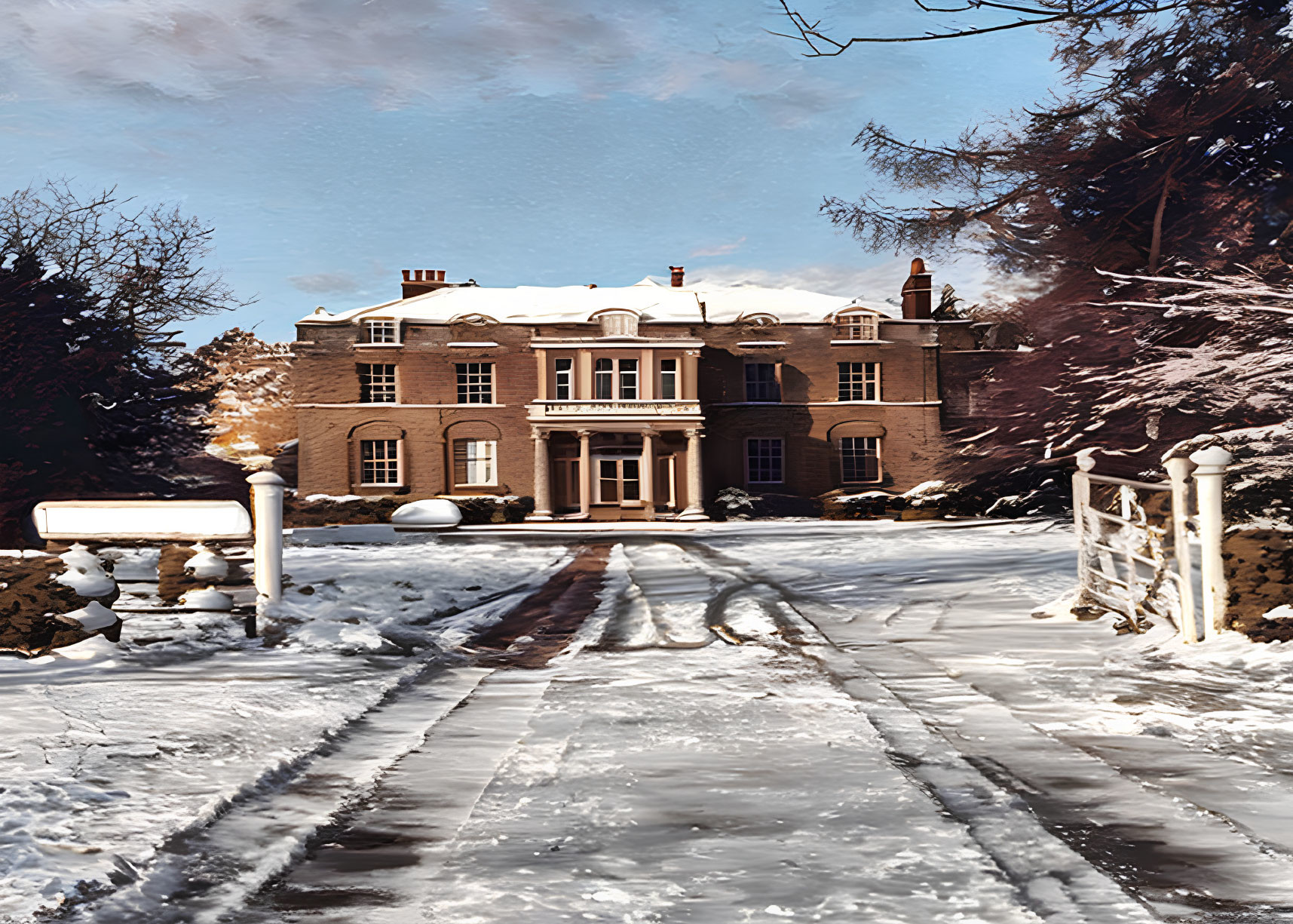 Snow-covered driveway and garden in elegant two-story house setting