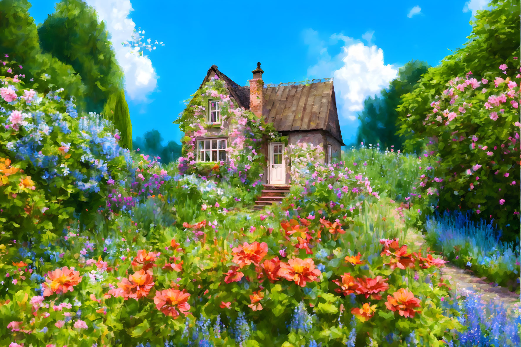 Charming cottage in blooming garden under blue sky