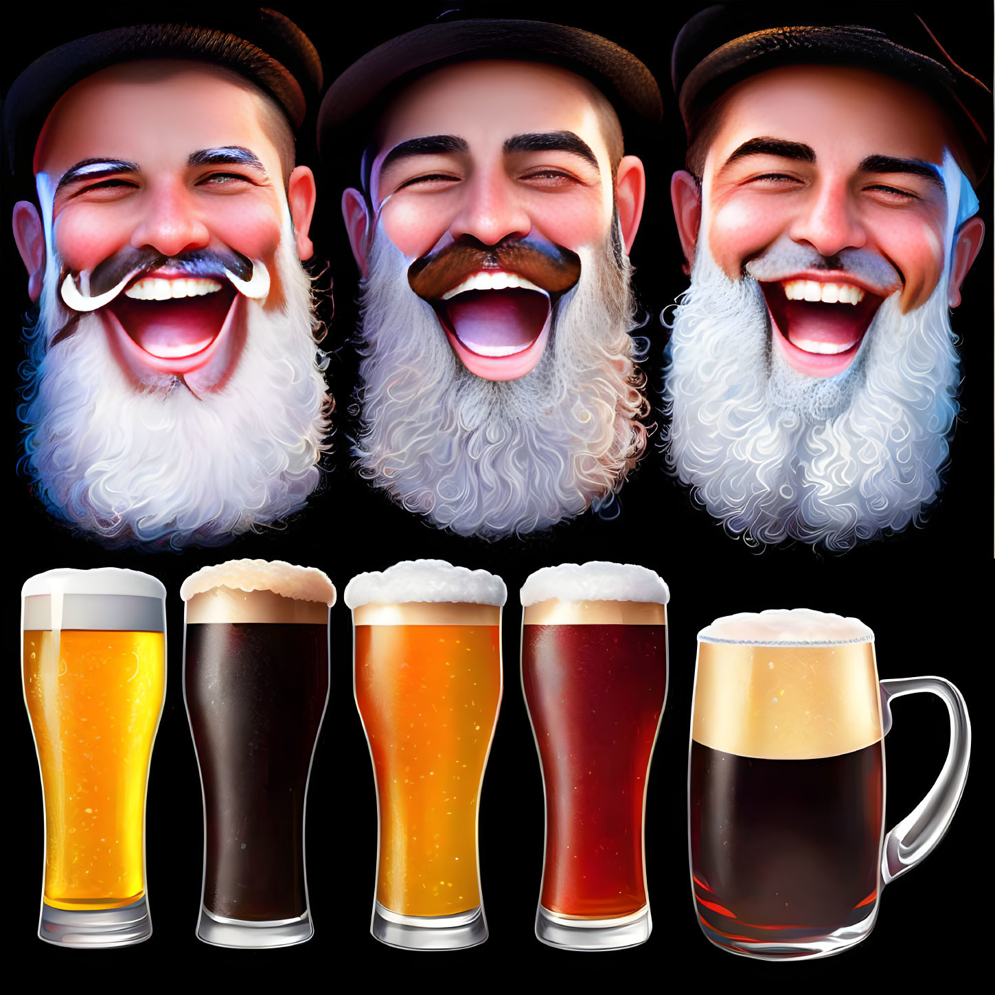 Cartoon men with beards and beer glasses with foam levels and colors.