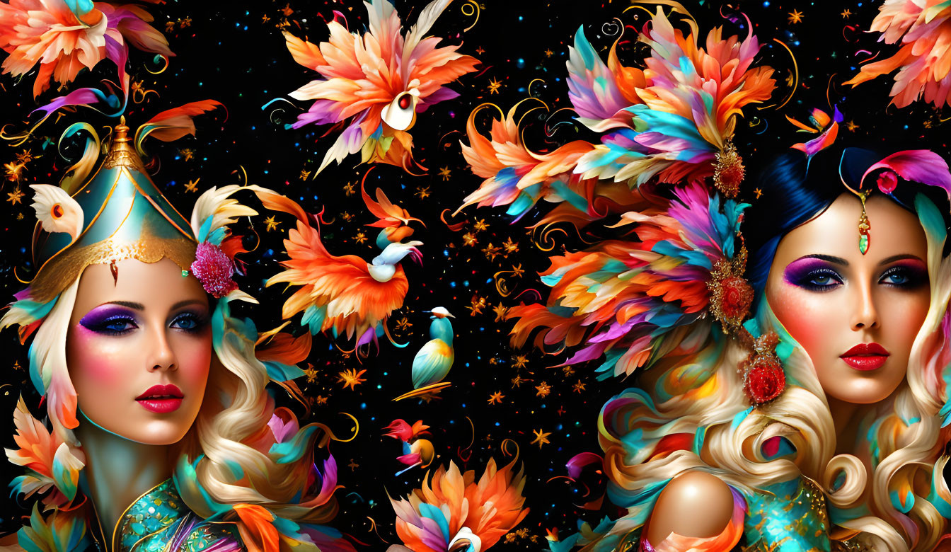 Colorful fantasy art: Two women in feathered headdresses with whimsical birds