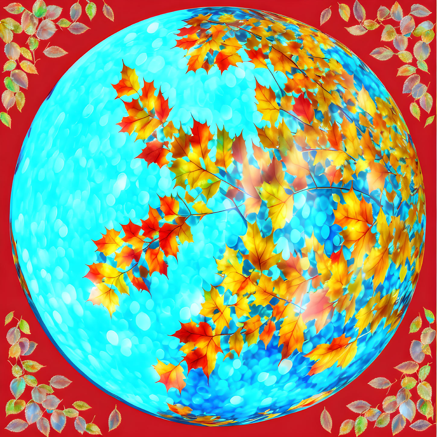 Colorful Autumn Leaves Sphere on Red Background with Leafy Borders