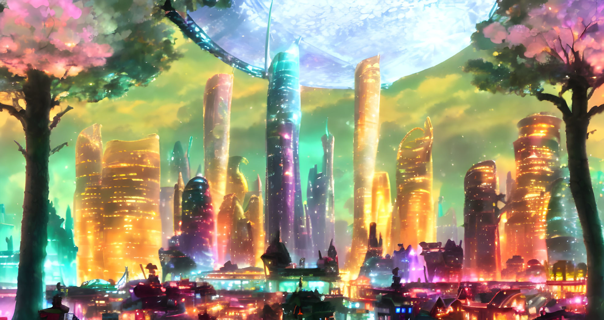 Futuristic cityscape with glowing skyscrapers and cherry blossoms by serene waterfront