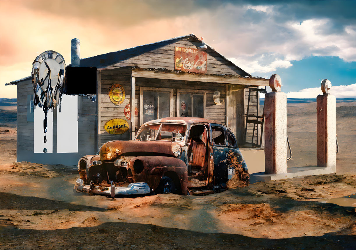 Abandoned gas station with vintage signage and rusty car in barren landscape