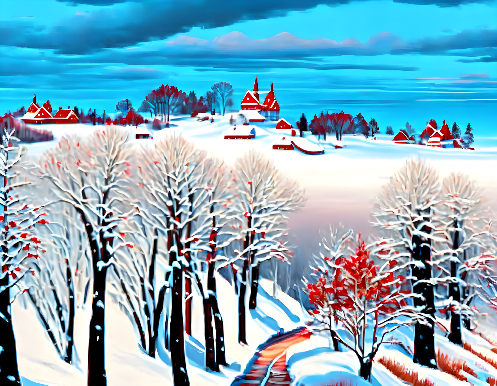 Winter scene with white trees, winding path, and red-roofed houses under blue sky