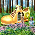 Elderly woman smiling by giant shoe-shaped house in colorful flower field