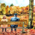 Autumn scene with two people on park bench and colorful forest.