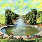 Tranquil Park Scene with Fountain and Greenery