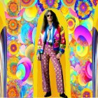 Colorful Psychedelic Suit Amid Vibrant Flower Patterns