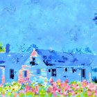 Rural scene with blue house, windmill, vibrant flowers under starry sky