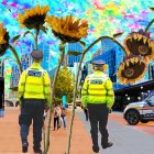 Futuristic cityscape with police officers and sunflowers in colorful sky