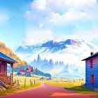 Scenic painting of rural mountain cabins and snowy peaks