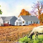 White barns, horses, sheep in autumn farm scene