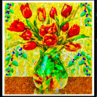 Abstract painting of red tulips in translucent vase on yellow background