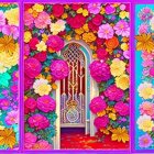 Colorful triptych featuring pink gates and roses on turquoise background