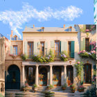 Classical European courtyard with green vines and pink flowers