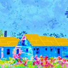 Colorful Abstract Digital Painting: Blue Countryside House, Windmill, Pink Flowers