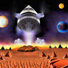 Large spaceship above barren, reddish alien landscape